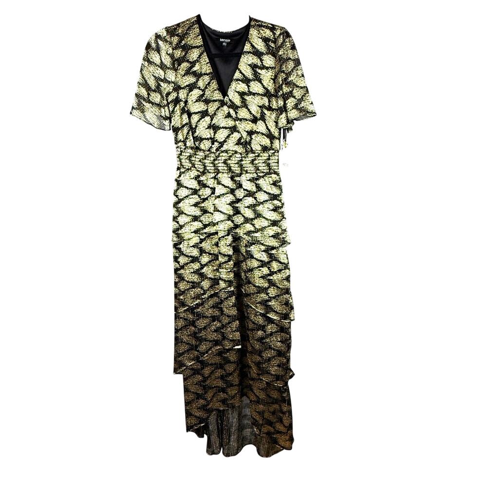 NWT Kensie black & metallic gold foil tiered maxi dress—original MSRP $158. sz 4